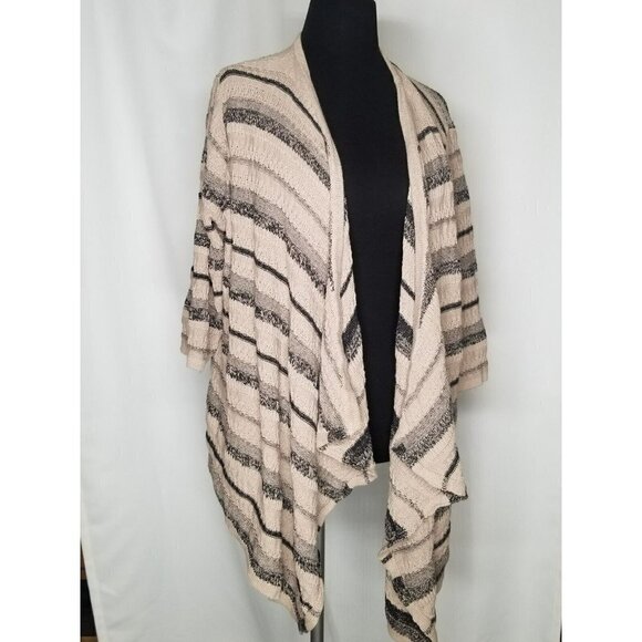 Catherines Size 2X Tan Black Striped Cascade 3/4 Sleeve‎ Open Front Cardigan - Picture 1 of 10